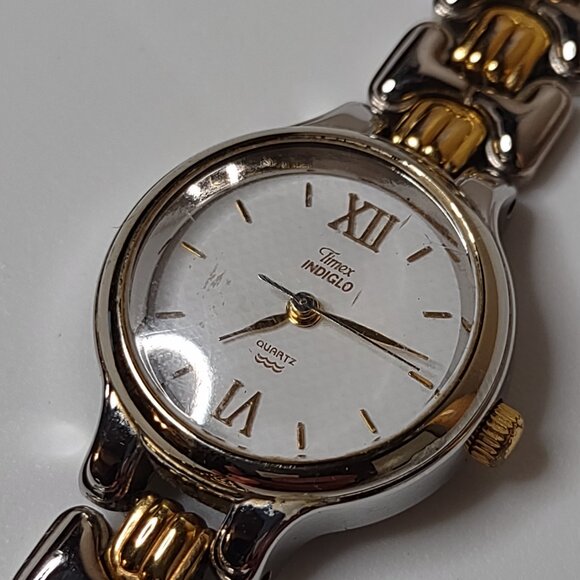 Two Tone Metal Band Timex Indiglo Watch With White Dial - Picture 2 of 14